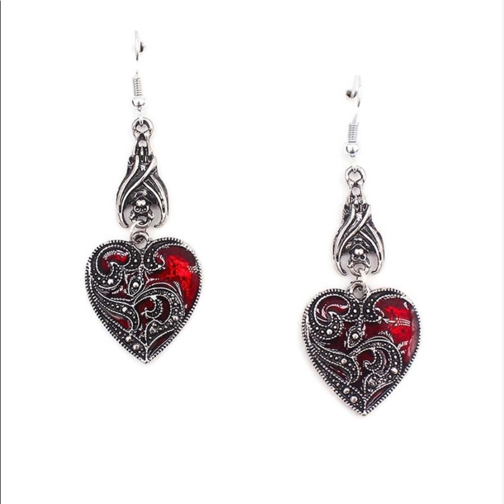 Red and Silvertone heart drop earrings from Ella and Elly NWT